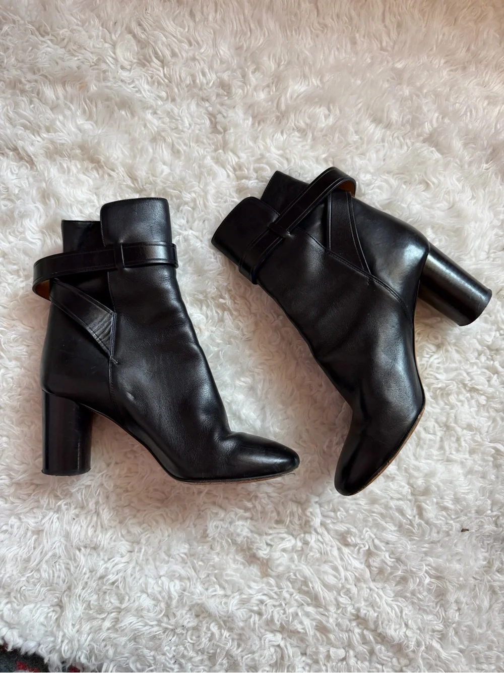 Isabel Marant Classic Black Leather Women’s Wrap Ankle Boots Block Heel 39
